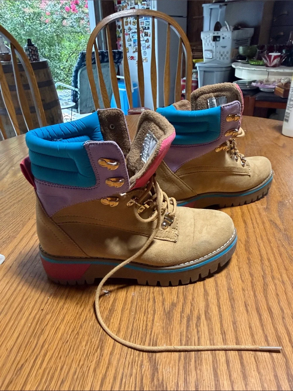 Pacifica Tan Suede Kids/Women’s Lace-Up Boots with Pink Tongue and Blue Trim